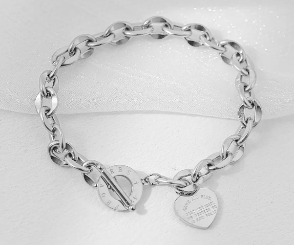 Stainless Steel Heart Charm Bracelet OT Toggle Clasp with Bible Verse