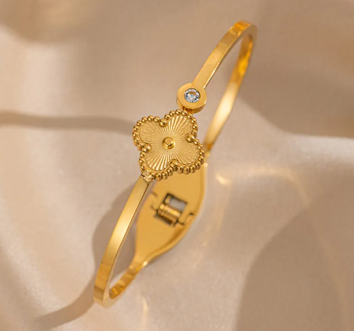 18k Gold-Plated Clover Bangle with Cubic Zirconia