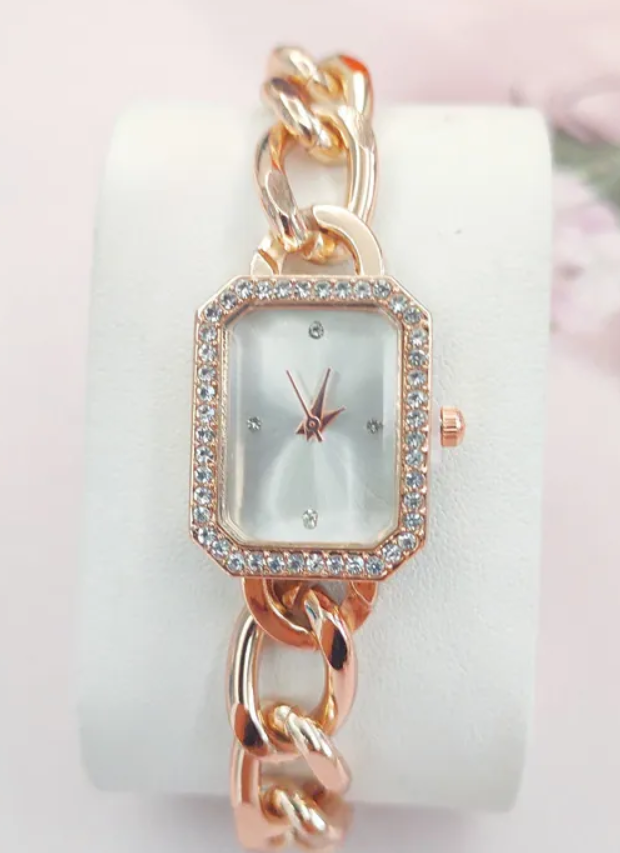 18k Gold-Plated Quartz Bracelet Watch with Cubic Zirconia Square Faced Dial
