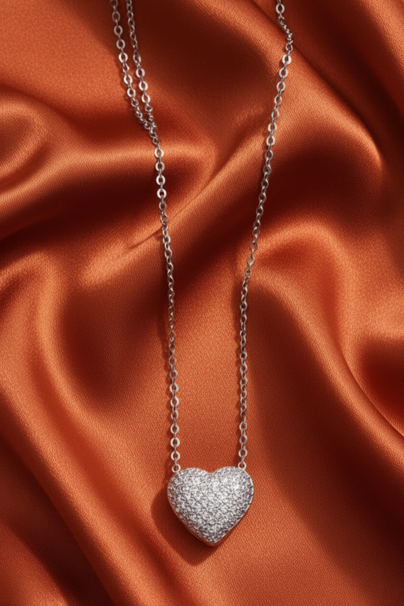 Stainless Steel 3D Heart Studded Necklace