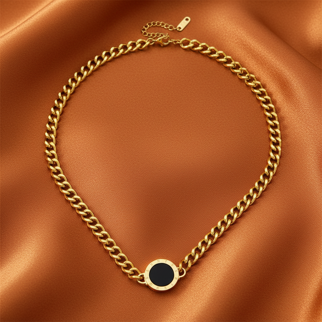18k Gold-Plated Cuban Chain with Black Emblem & Roman Inscription