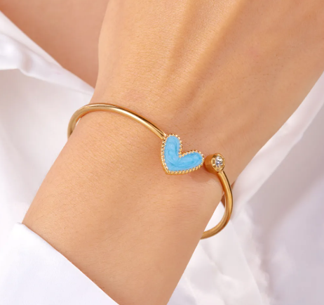 18k Gold-Plated Teal Heart Open Cuff Bracelet for Small Wrist