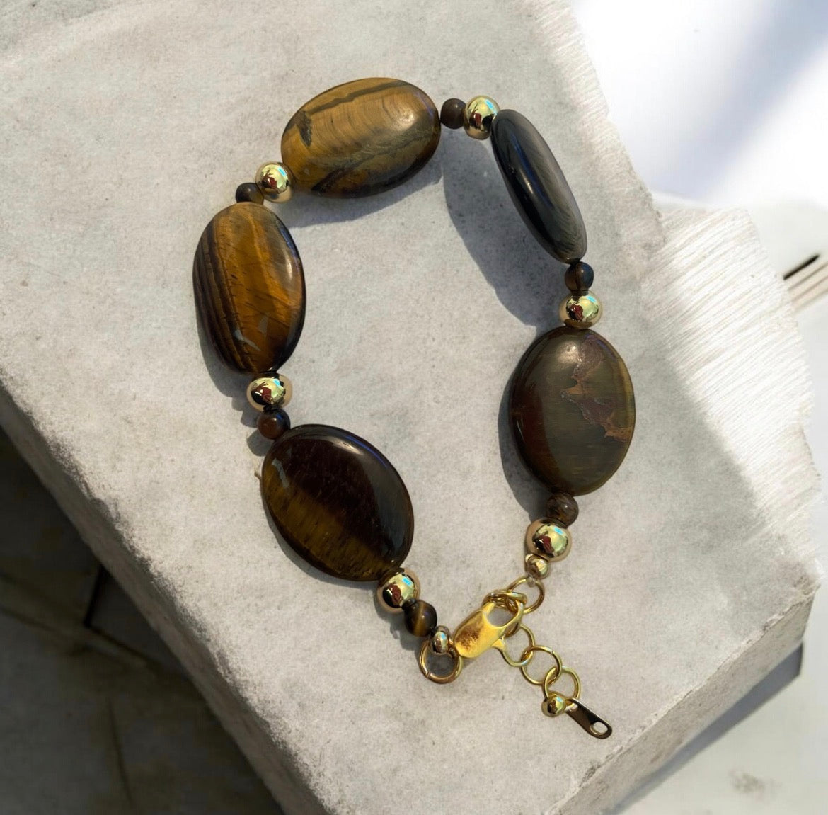 Tiger's Eye Bead Bracelet with 18K Gold Beads