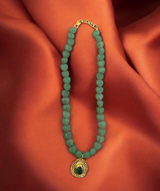 18k Gold-Plated Jadeite Heart Bead Necklace with Gold Pendant