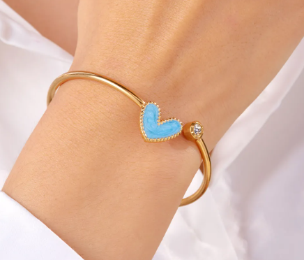 18k Gold-Plated Open Bangle, Teal Heart & Cubic Zirconia