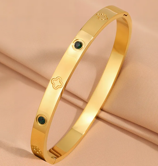 24k Gold-Plated Clover & Emerald Cubic Zirconia Bracelet