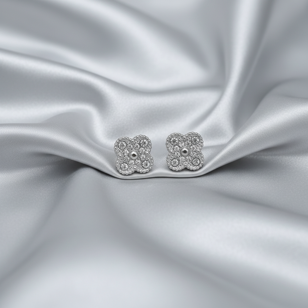 Stainless Steel Silver Clover Rhinestone Earring