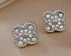 Stainless Steel Silver Clover Rhinestone Earring