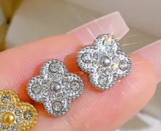 Stainless Steel Silver Clover Rhinestone Earring