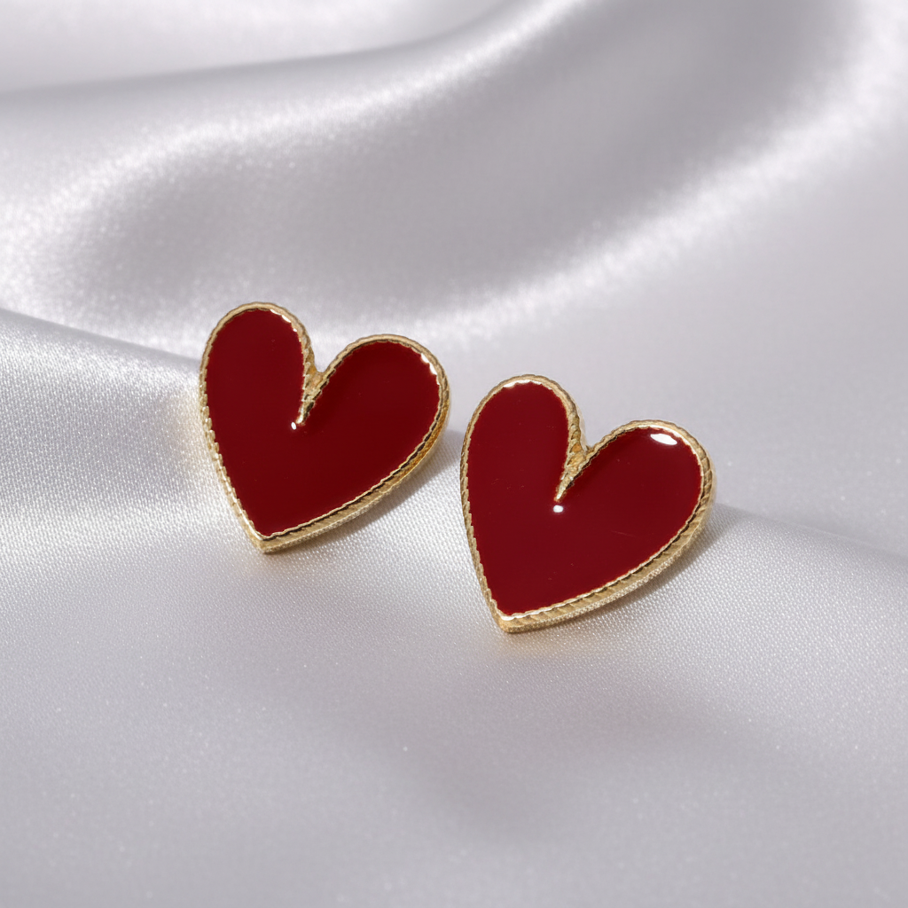 18k Gold-Plated Red Heart Stud Earrings