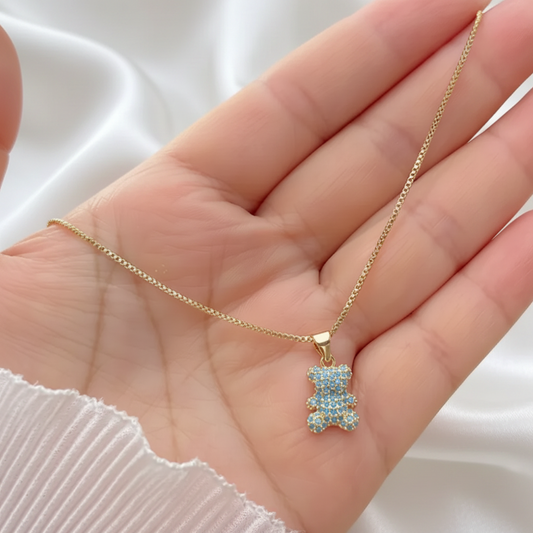 18k Gold-Plated Blue Bejeweled Teddy Bear Necklace