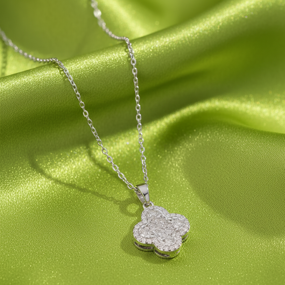 Titanium Steel Silver Clover Leaf Texture Pendant with Rhinestone