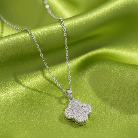 Titanium Steel Silver Clover Leaf Texture Pendant with Rhinestone