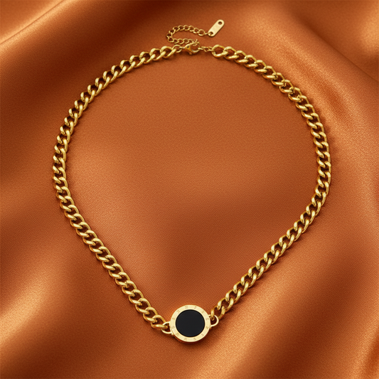 18k Gold-Plated Cuban Chain with Black Emblem & Roman Inscription