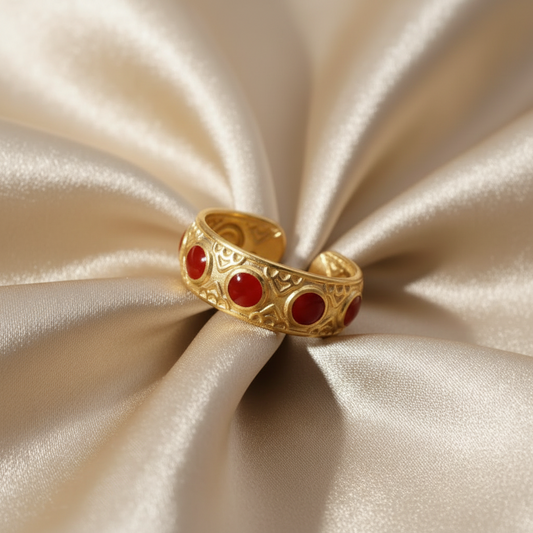 18K Gold-Plated Hammered Ring with Red Dots