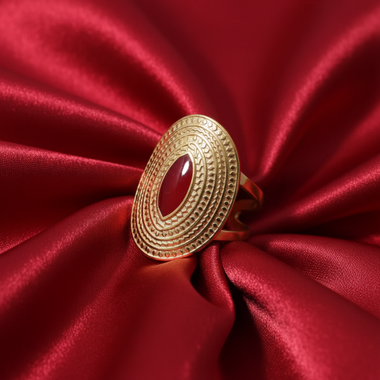 18K Gold-Plated Hammered Oval Ring with Red Center