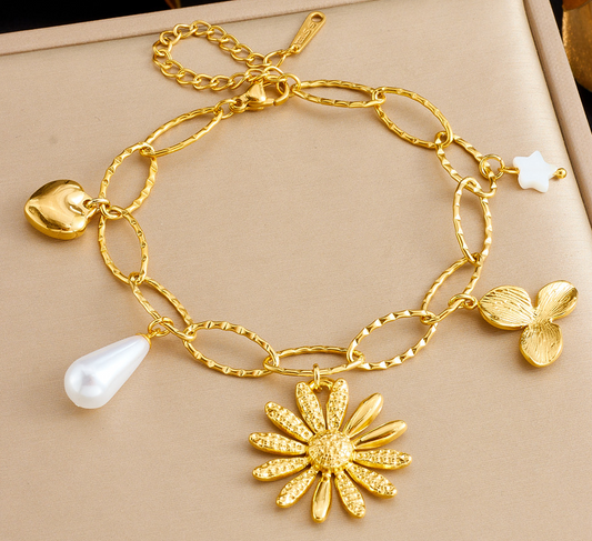 18K Gold Plated Link & Charm Bracelet with Flower Pendant