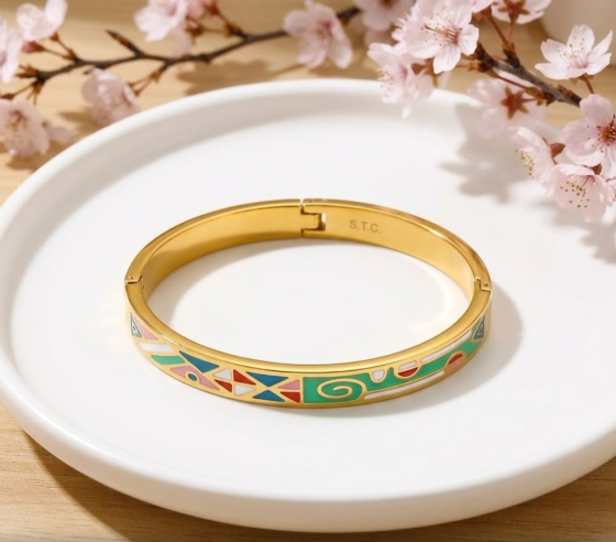 Geometric Enamel Gold Plated Bangle