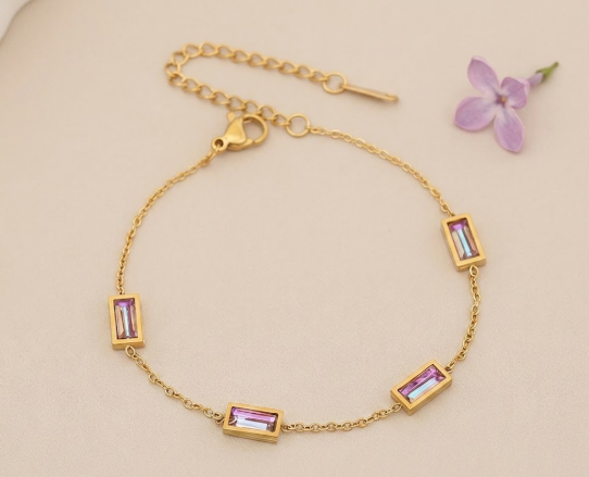 18k Gold-Plated Bracelet with Iridescent Crystal Rectangles