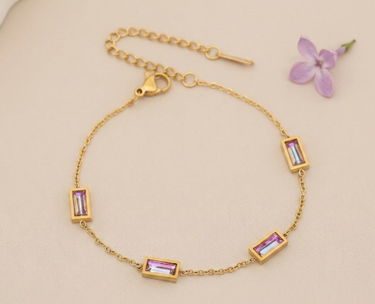 Gold Bracelet with Iridescent Crystal Rectangles