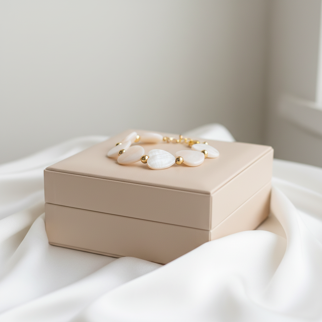 18K Gold Beaded White Hearts Bracelet