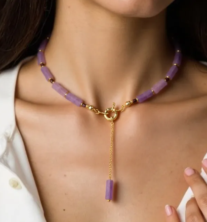 18K Gold-Plated Amethyst Beaded Hanging Necklace